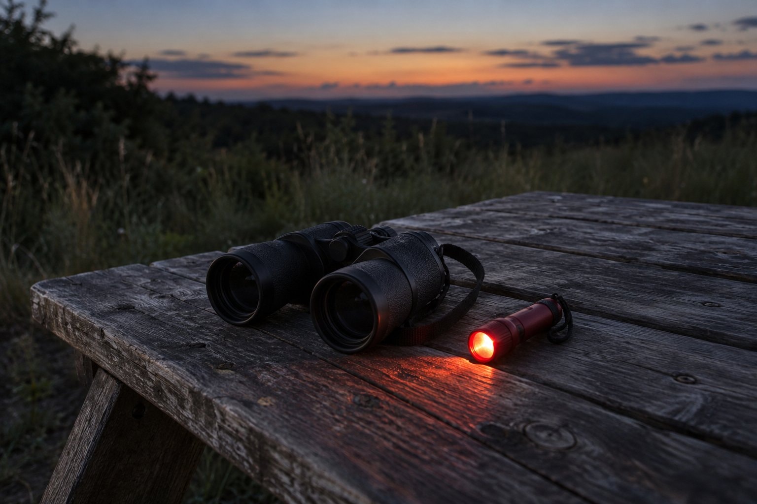 Binoculars and a dim red flashlight on a wooden picnic table.