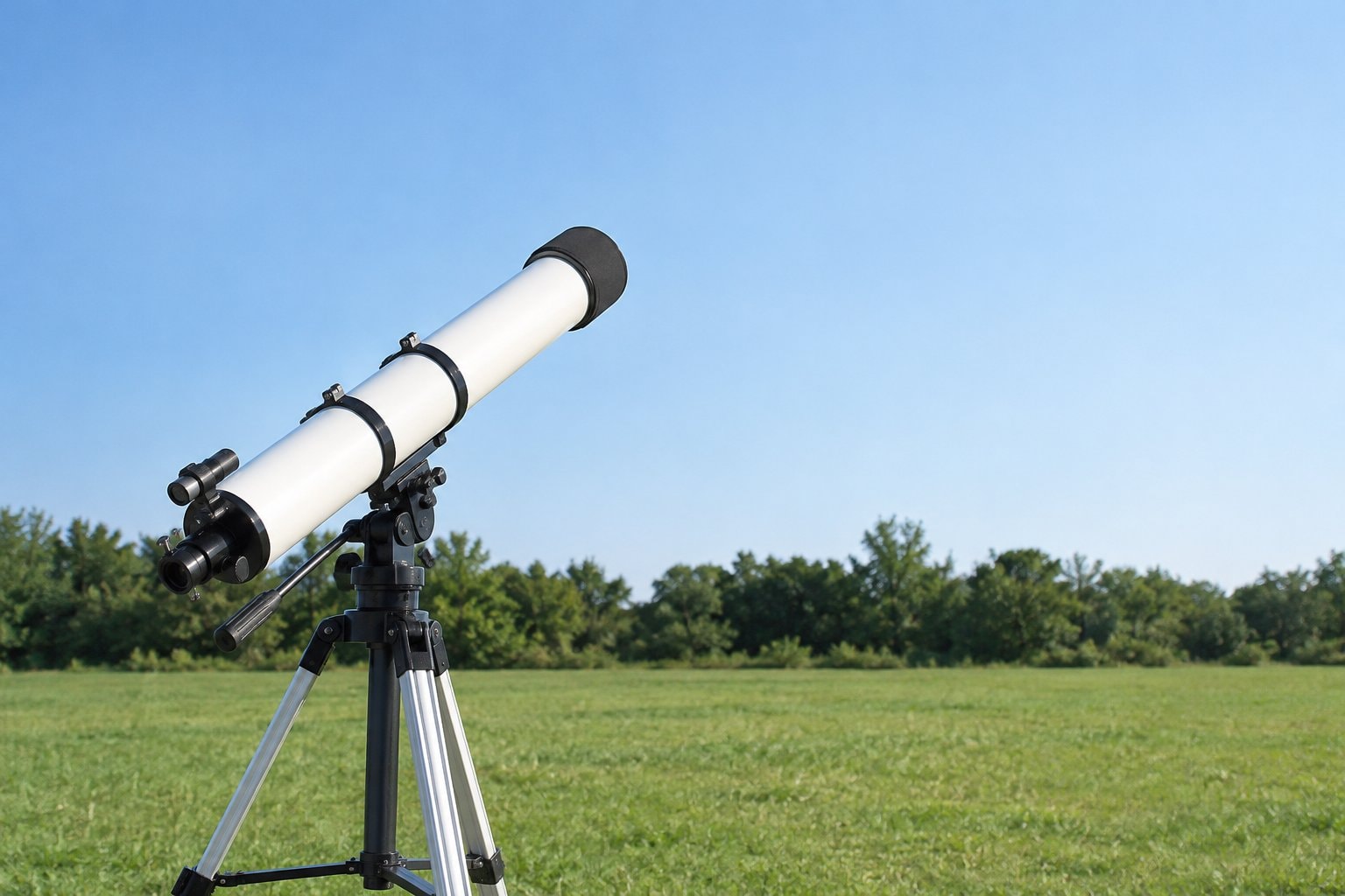 A telescope with a dark filter fitted over its front in daylight.
