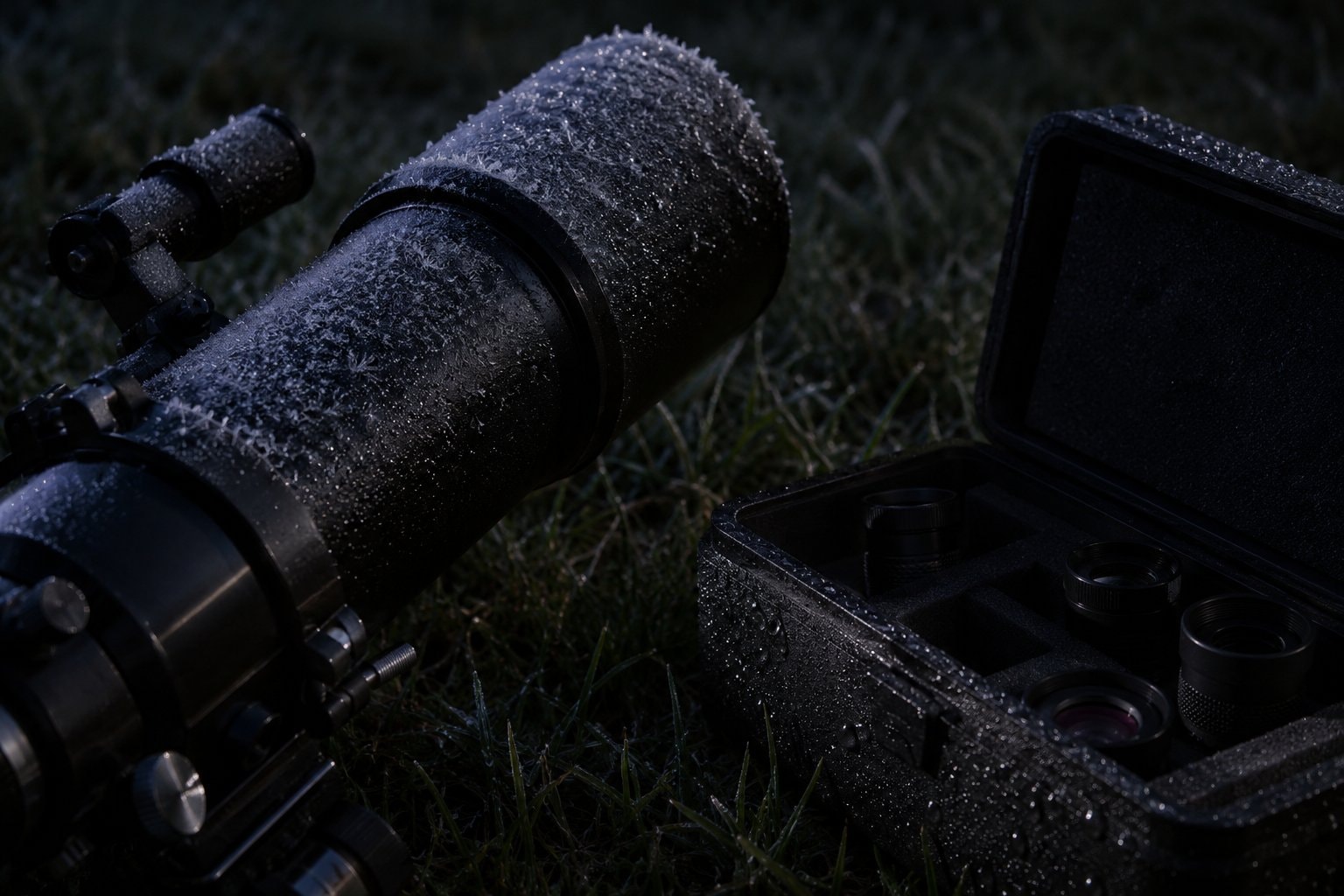 Frost on a telescope tube beside an eyepiece case with dew.