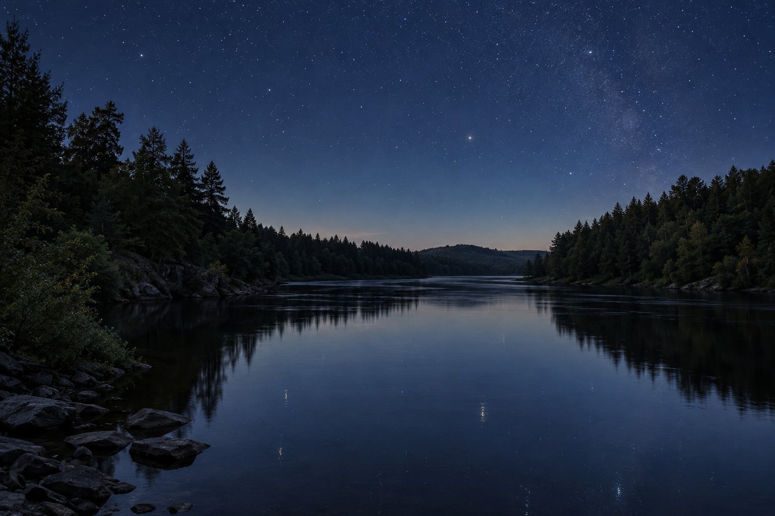 Stars above a broad river between wooded banks.