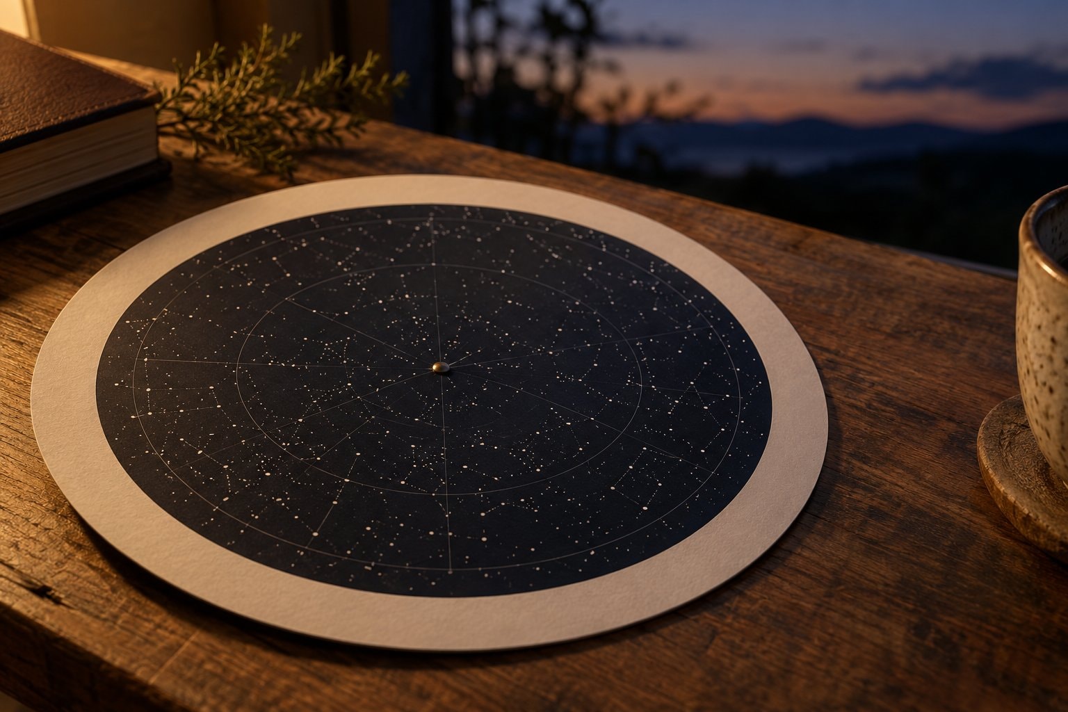 A round star wheel with dots and curved lines on a wooden table.