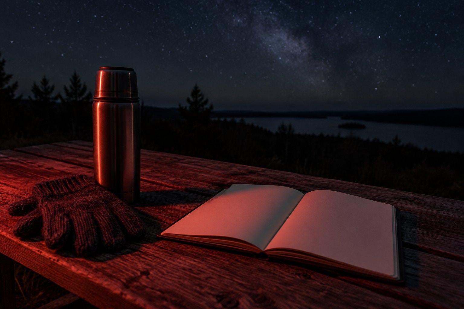 A thermos, wool gloves and an open notebook lit by dim red light.