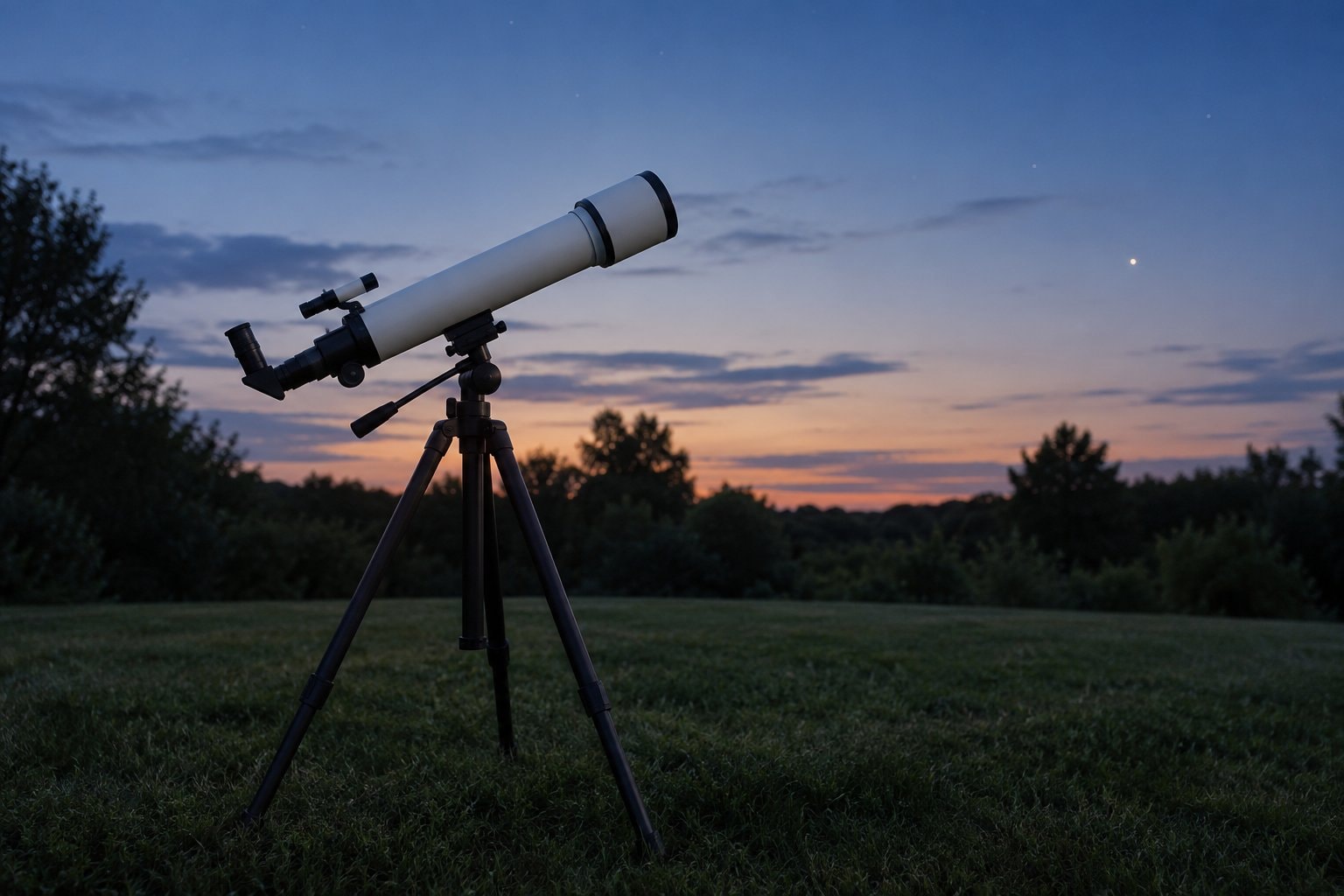 A white refractor on a tripod on grass at blue hour.
