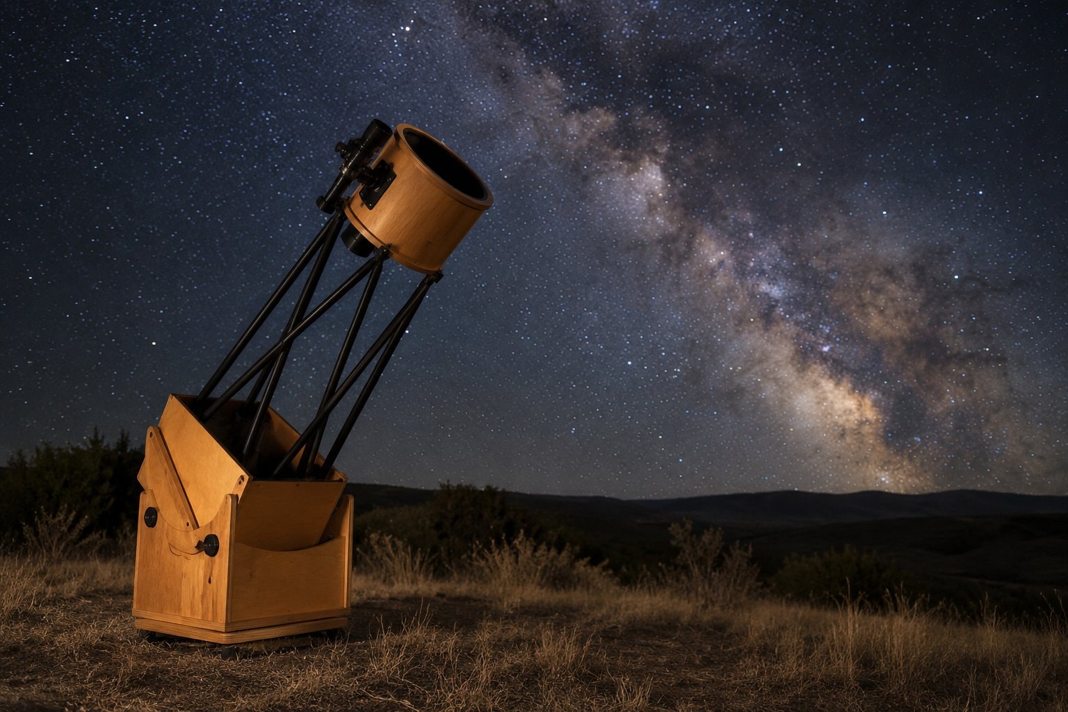 A wooden reflector on a rocker base beneath a starry sky.